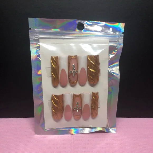 Handmade press on nail set. Long square French and gold design. - Picture 3 of 3